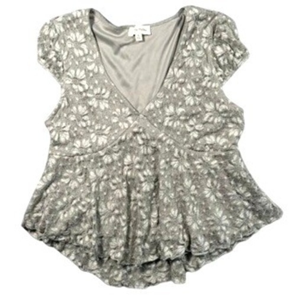 La‎ Peche Floral Lace Peplum Top V-Neck Cap Sleeve Sage Grey XL Boho Cottagecore